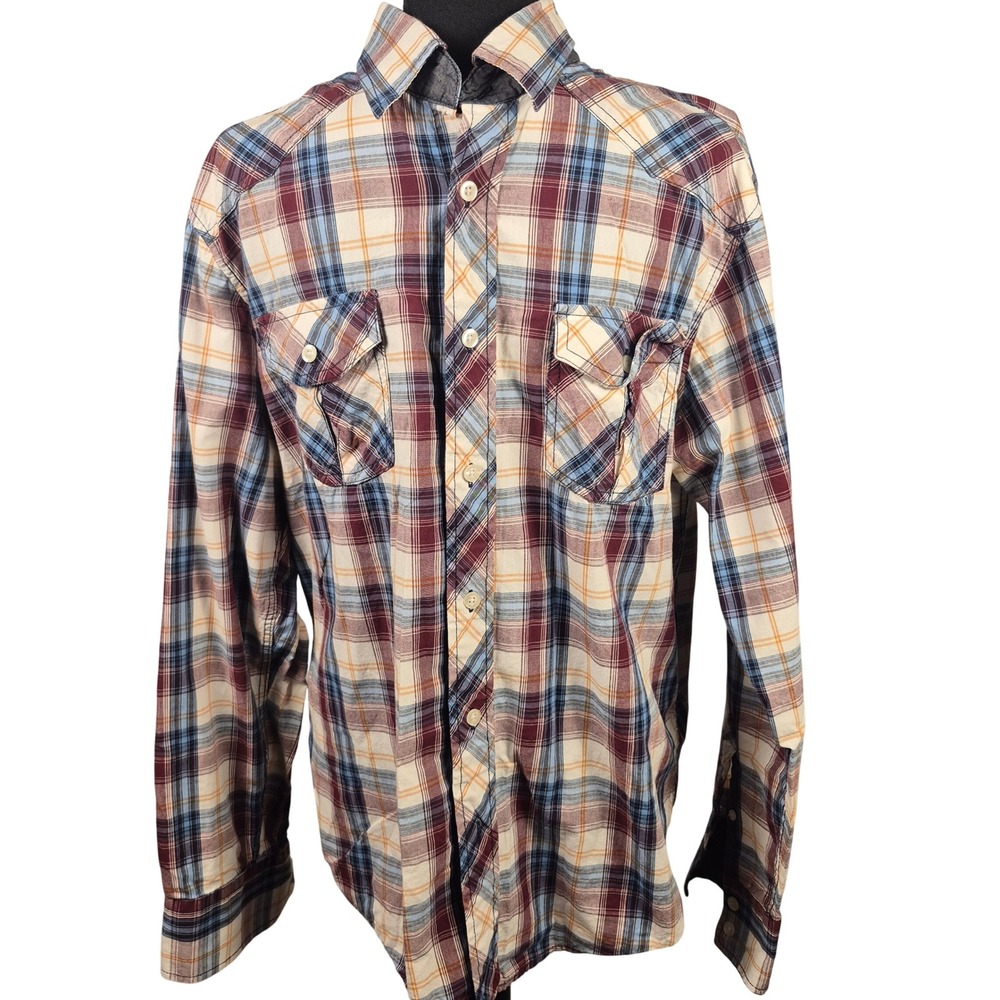 Eighty Eight Western Plaid Button Down Shirt Men's Large Burgundy Blue Cotton